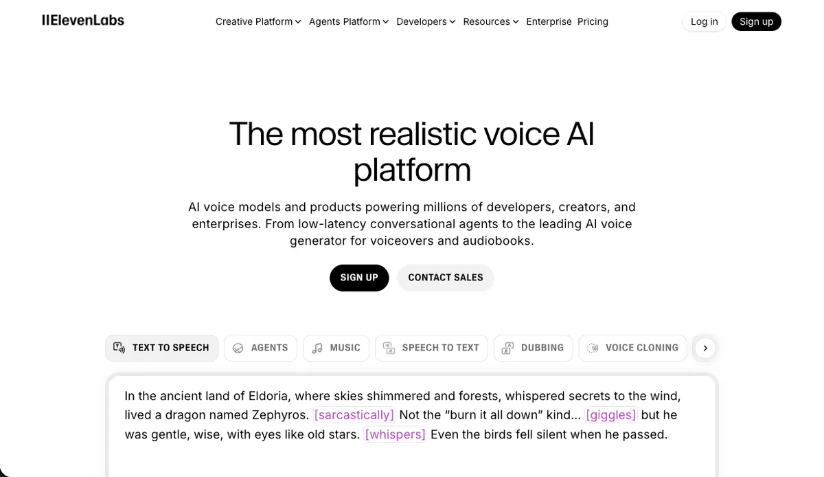 ElevenLabs homepage featuring the headline The most realistic voice AI platform with buttons to sign up or contact sales. The page highlights AI voice tools like text to speech speech to text dubbing and voice cloning with an example script shown below.