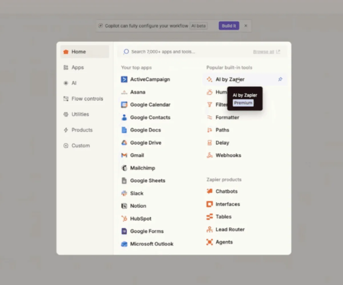 Zapier app selection screen showing a list of popular apps like Gmail Google Drive Slack and Notion and built in tools including AI by Zapier Formatter Paths Delay and Webhooks.