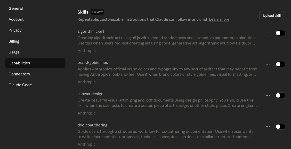 Claude settings page showing the Capabilities section with Skills in preview mode and a list of toggleable skills like algorithmic art brand guidelines canvas design and doc coauthoring. A sidebar menu displays account and usage options with an Upload skill button in the top right.
