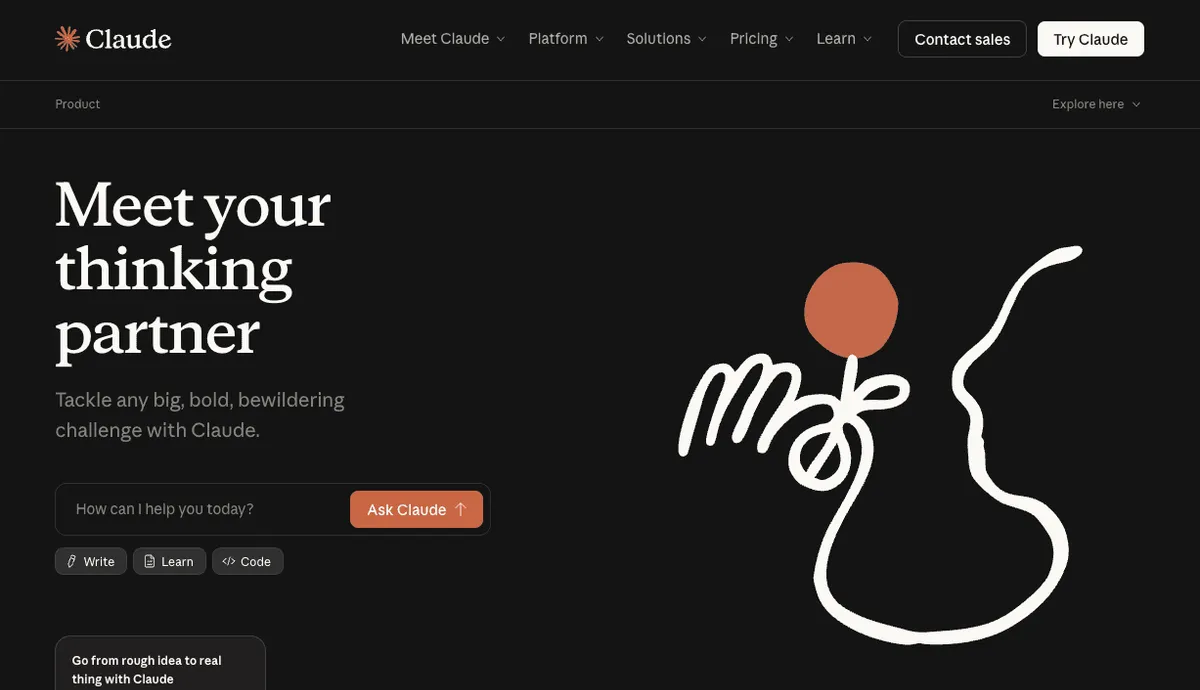 Claude homepage hero section displaying the headline Meet your thinking partner on a dark background with an abstract line illustration of a person and a red dot. A prompt field and Ask Claude button invite users to start interacting with the tool.