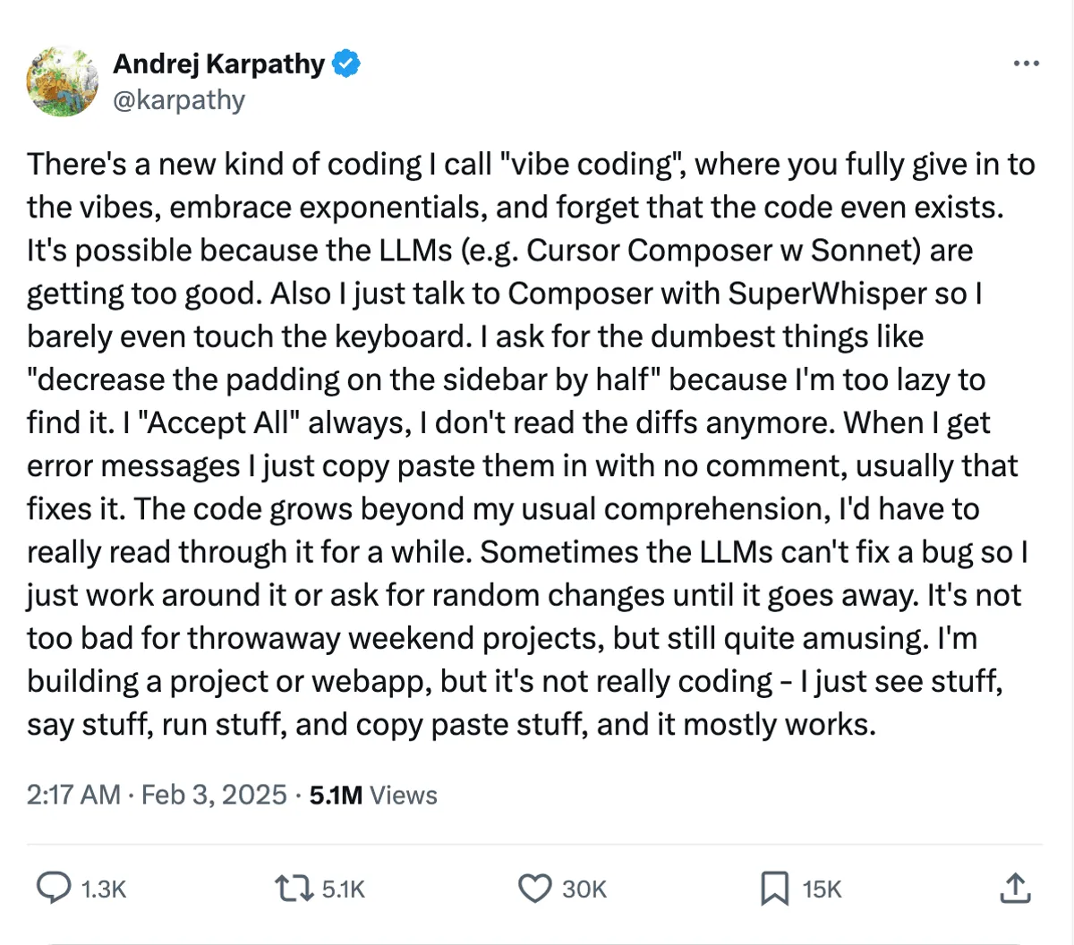 tweet from Andrej Karpathy about vibe coding