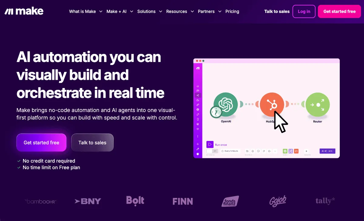 Make homepage hero section with the headline AI automation you can visually build and orchestrate in real time on a purple background. A visual workflow editor preview shows connected nodes for OpenAI HubSpot and a router with buttons to get started free or talk to sales.