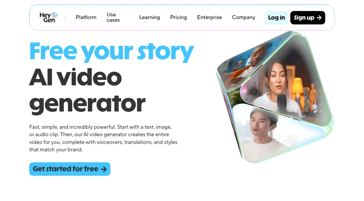 HeyGen homepage hero section with the headline Free your story AI video generator and a call to get started for free. Visual tiles show diverse presenters representing AI generated video avatars.