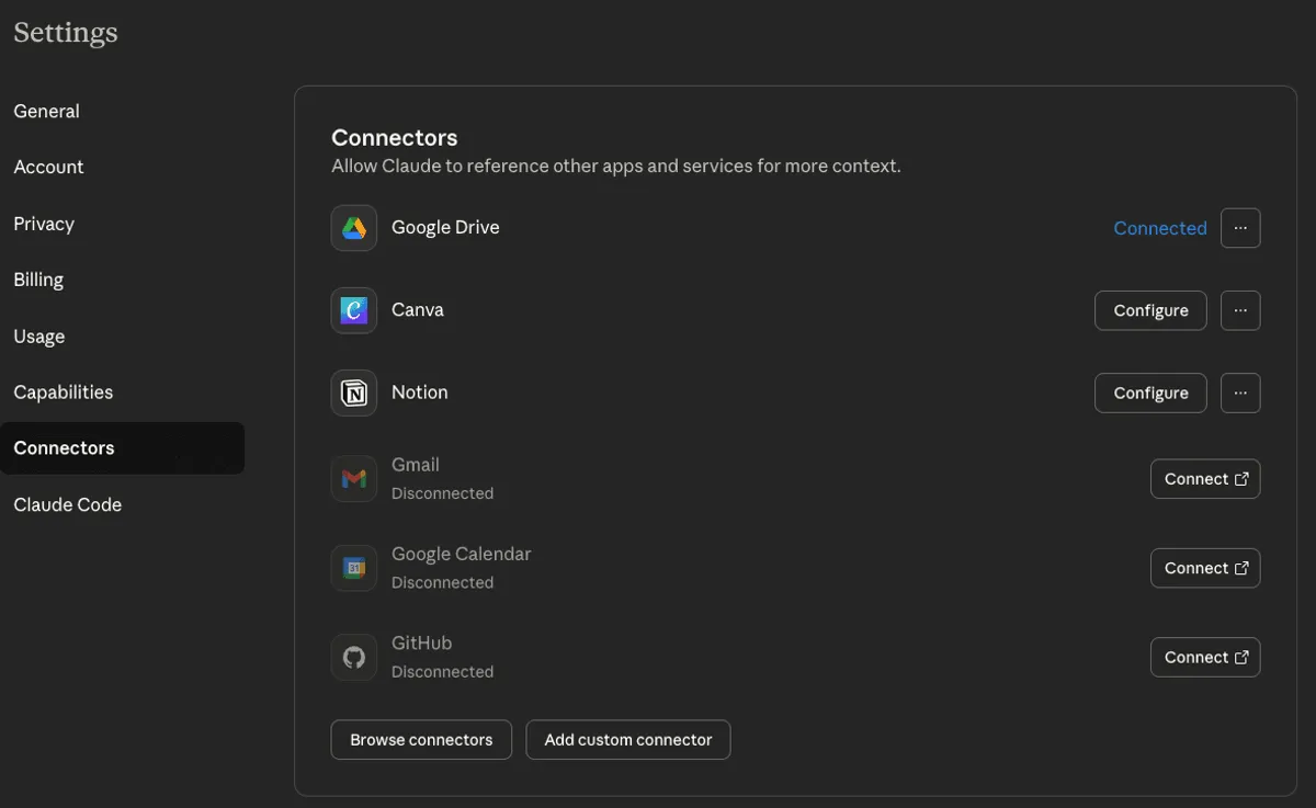 Claude settings page showing the Connectors section with Google Drive connected and Canva and Notion available to configure while Gmail Google Calendar and GitHub are disconnected. Options to browse connectors or add a custom connector appear at the bottom.