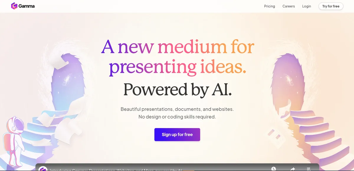 Gamma homepage hero section with the headline A new medium for presenting ideas. Powered by AI. The page promotes creating presentations documents and websites with AI and features a Sign up for free button over a soft gradient background with abstract illustrations.