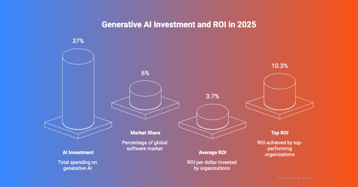 Infographic titled Generative AI Investment and ROI in 2025 showing four cylindrical charts across a blue to red gradient. It highlights AI investment market share average ROI and top ROI achieved by leading organizations with percentage values labeled above each column.