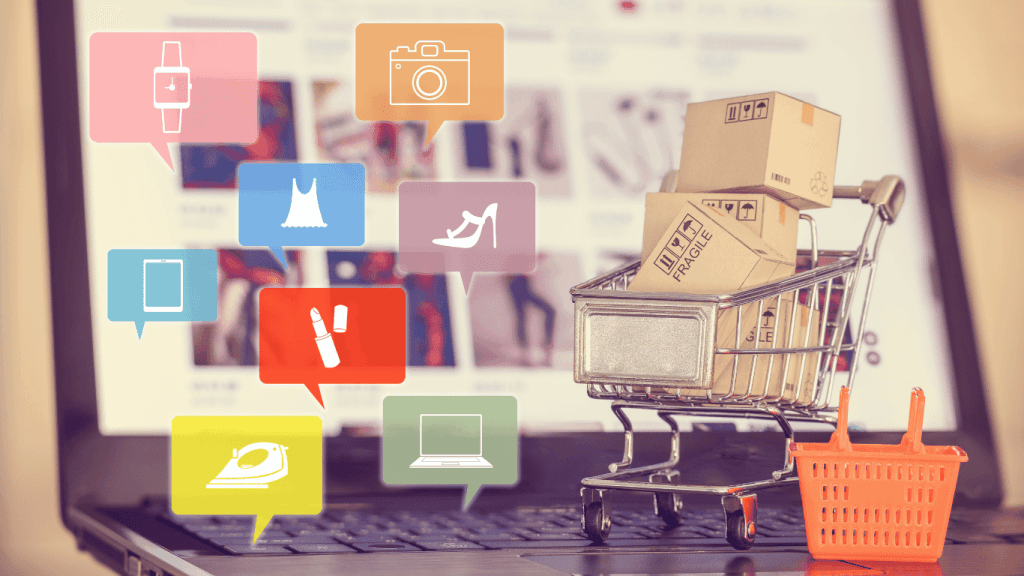 An image of a futuristic robot hand holding a shopping bag, representing the potential of artificial intelligence e-commerce in the future.