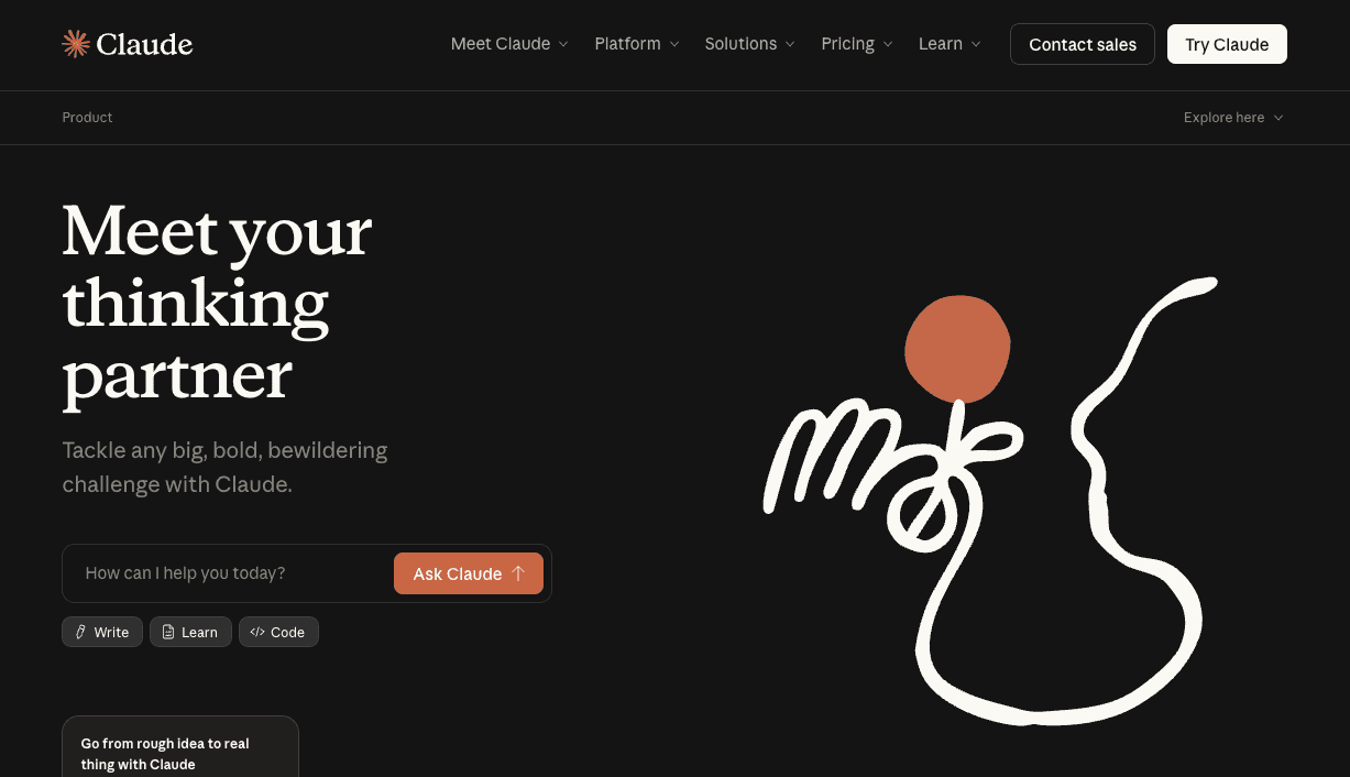 Claude homepage hero section displaying the headline Meet your thinking partner on a dark background with an abstract line illustration of a person and a red dot. A prompt field and Ask Claude button invite users to start interacting with the tool.