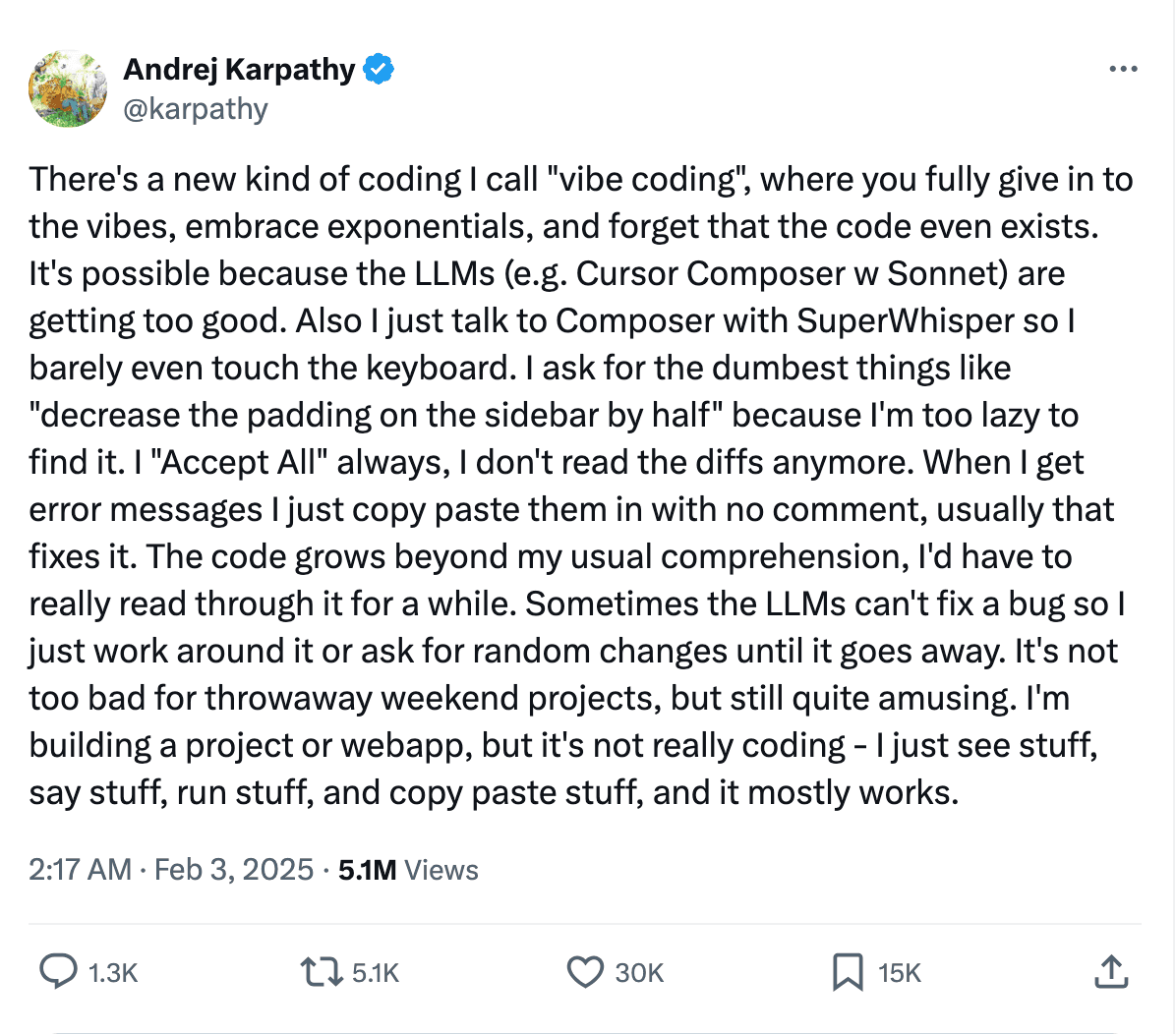 tweet from Andrej Karpathy about vibe coding